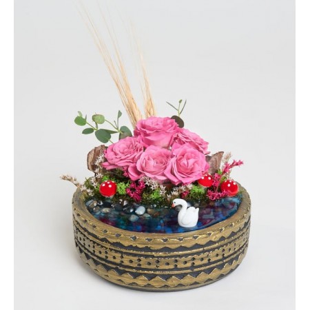 Ring Saksıda Pembe Gül ve  Teraryum